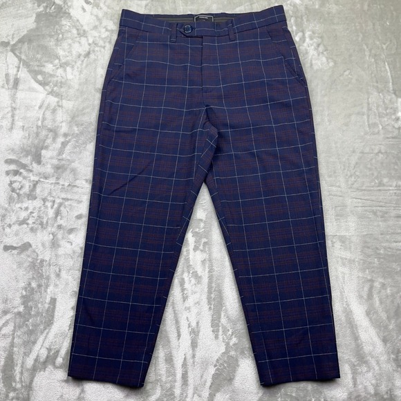 Percival Plaid Dress Pants Cropped Slim Fit Dark Blue Sz 32 Tailored Preppy Boho - Picture 1 of 9